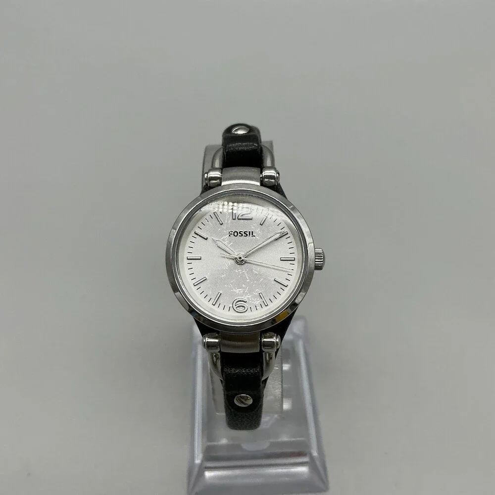 Fossil ES3263 Womens Watch 26mm Silver Dial Black Leather Dress 50M New Battery
